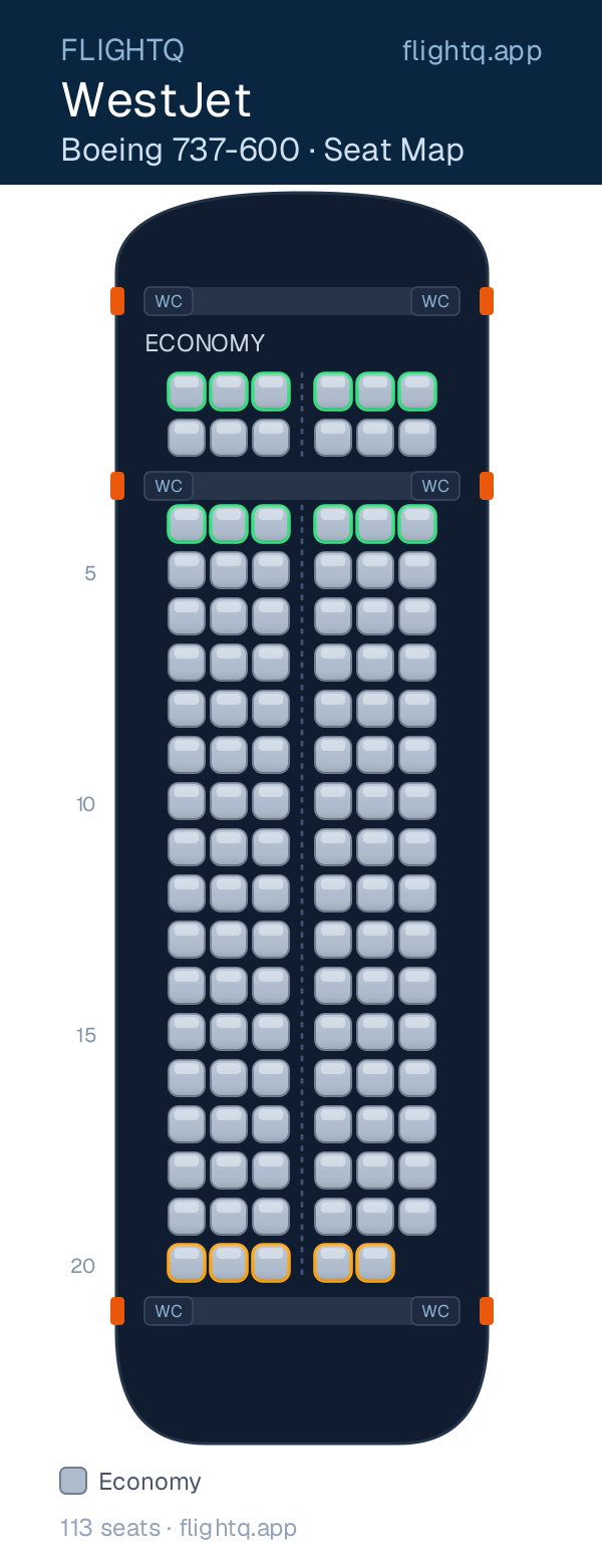 WestJet Boeing 737-600 seat map with 113 seats — rows to avoid