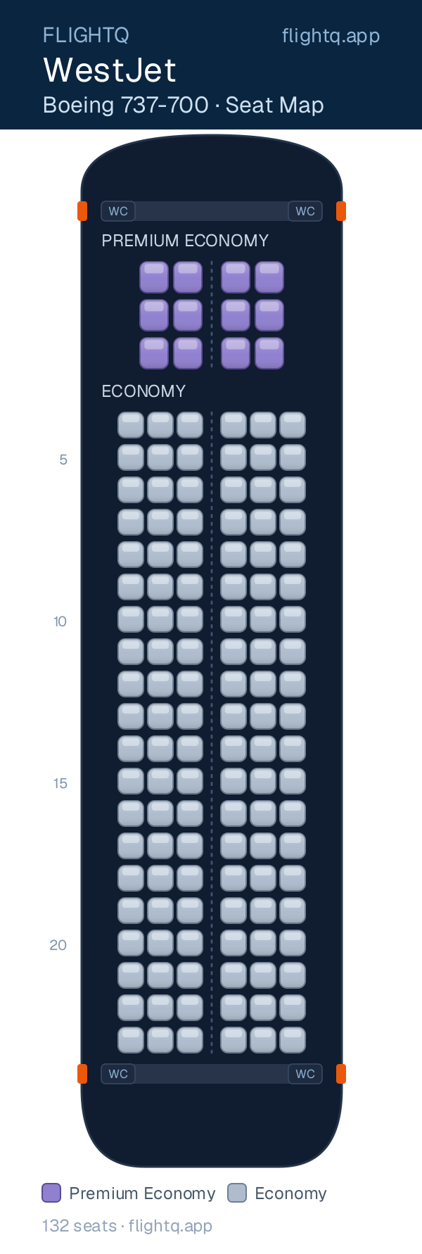WestJet Boeing 737-700 seat map with 132 seats across 2 cabins — best seats and rows to avoid