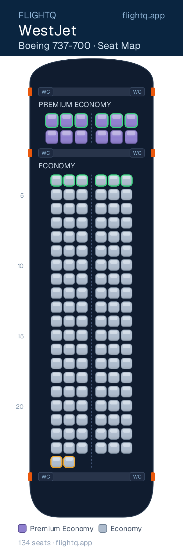 WestJet Boeing 737-700 seat map with 134 seats across 2 cabins — best seats and rows to avoid