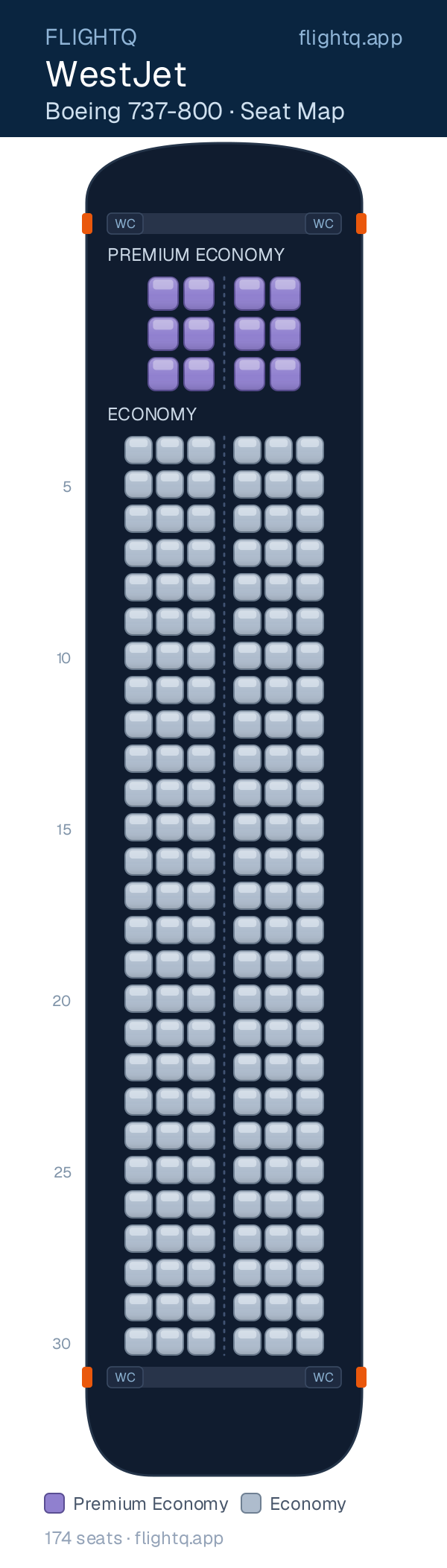 WestJet Boeing 737-800 seat map with 174 seats across 2 cabins — best seats and rows to avoid