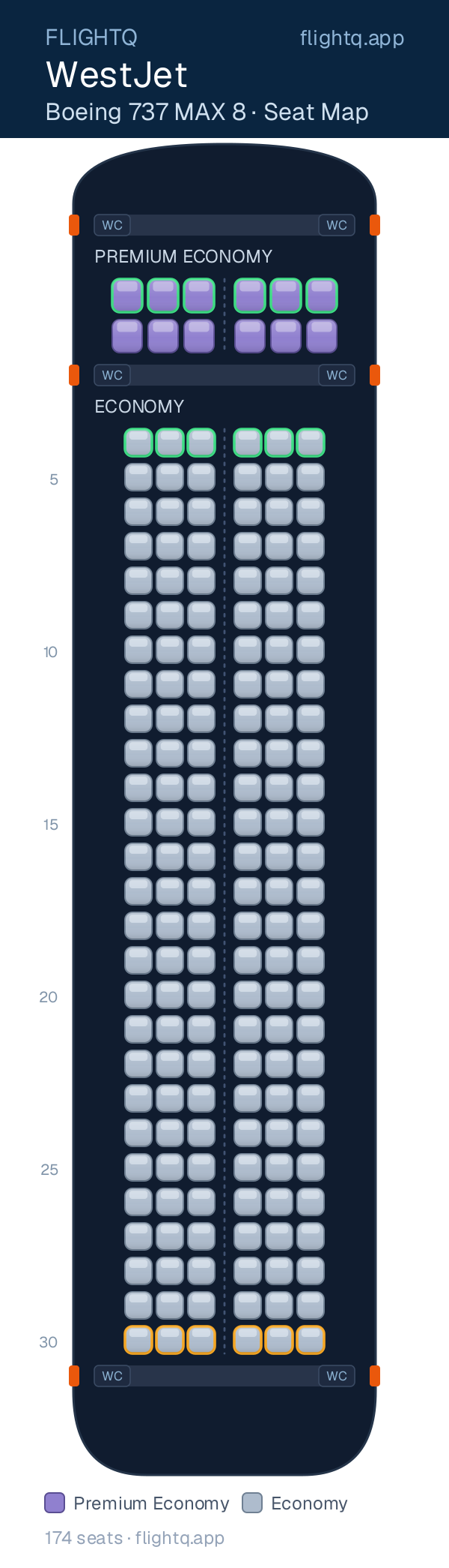 WestJet Boeing 737 MAX 8 seat map with 174 seats across 2 cabins — best seats and rows to avoid