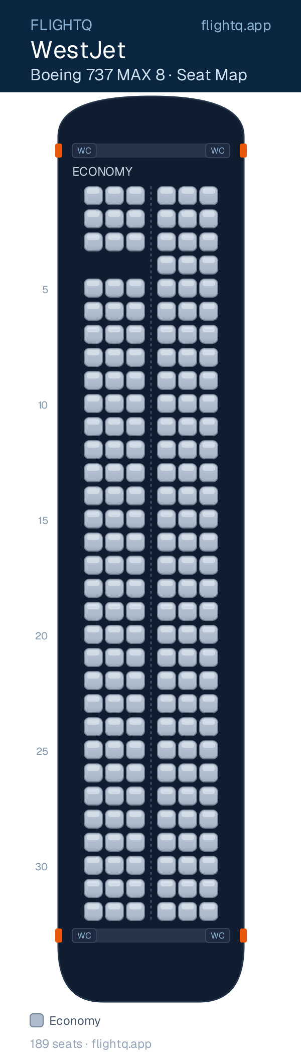 WestJet Boeing 737 MAX 8 seat map with 189 seats — best seats and rows to avoid