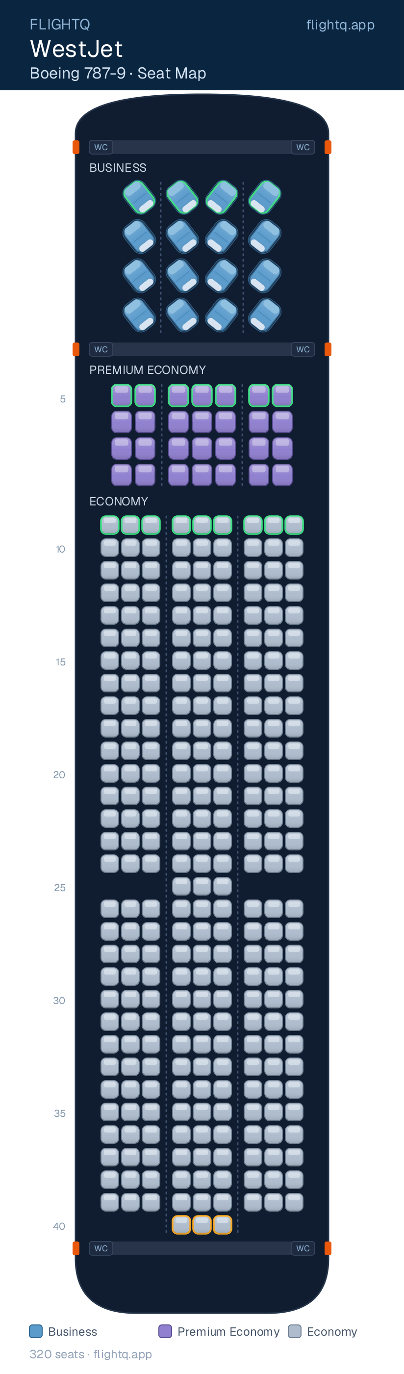 WestJet Boeing 787-9 Dreamliner seat map with 320 seats across 3 cabins — best seats and rows to avoid