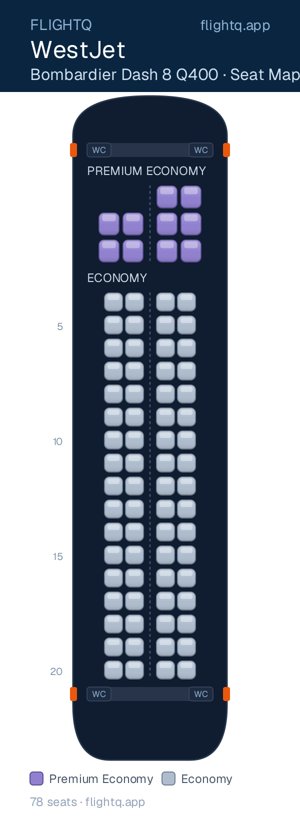 WestJet De Havilland Dash 8-400 seat map with 78 seats across 2 cabins — best seats and rows to avoid