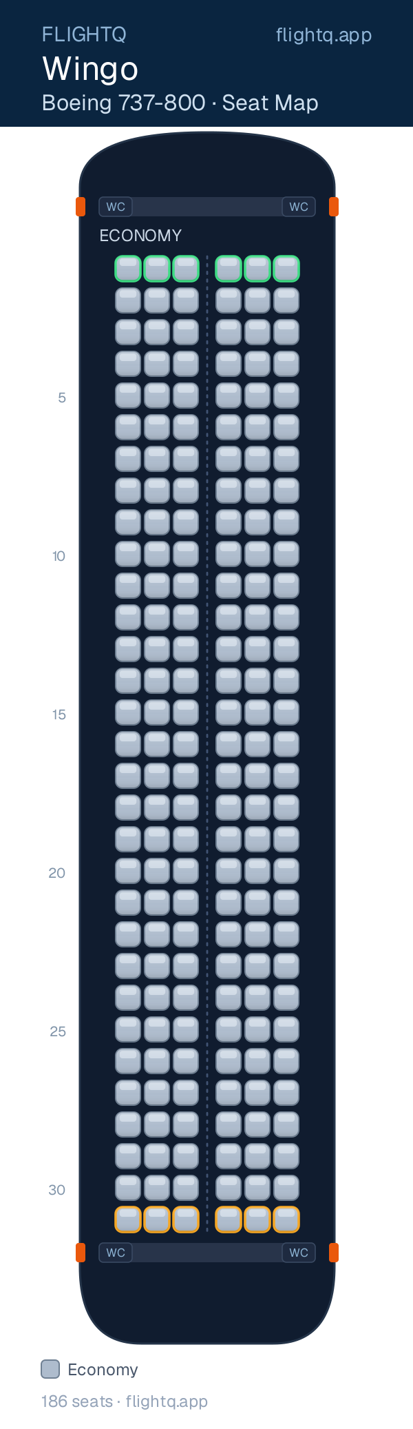 Wingo Boeing 737-800 seat map with 186 seats — best seats and rows to avoid