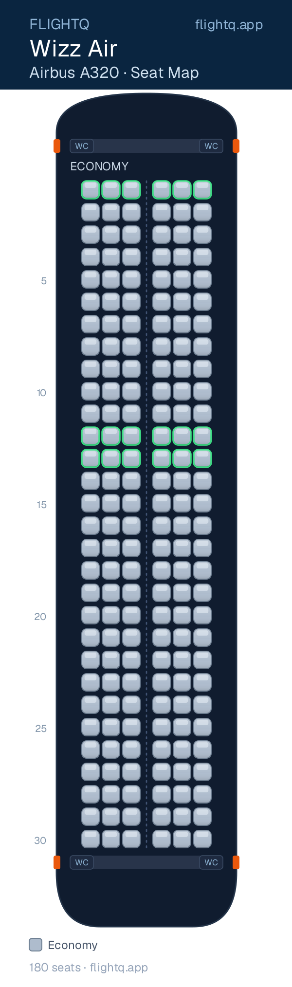 Wizz Air Airbus A320 seat map with 180 seats — best seats and rows to avoid
