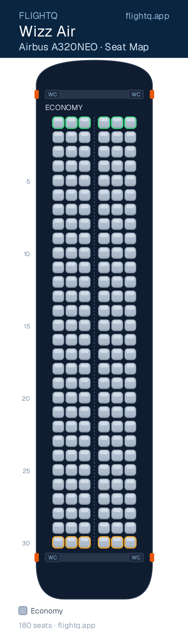 Wizz Air Airbus A320NEO seat map with 180 seats — best seats and rows to avoid