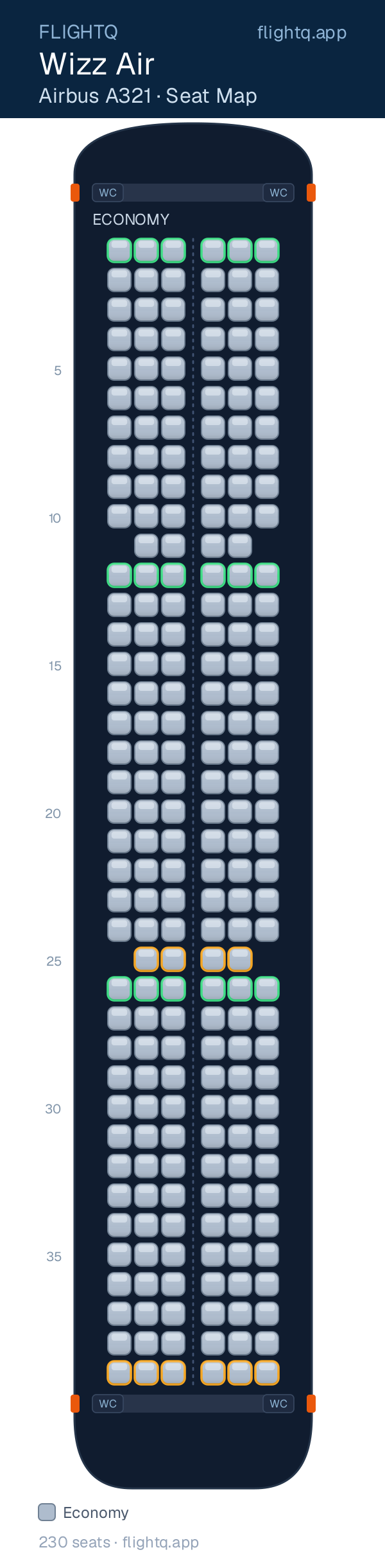 Wizz Air Airbus A321 seat map with 230 seats — best seats and rows to avoid