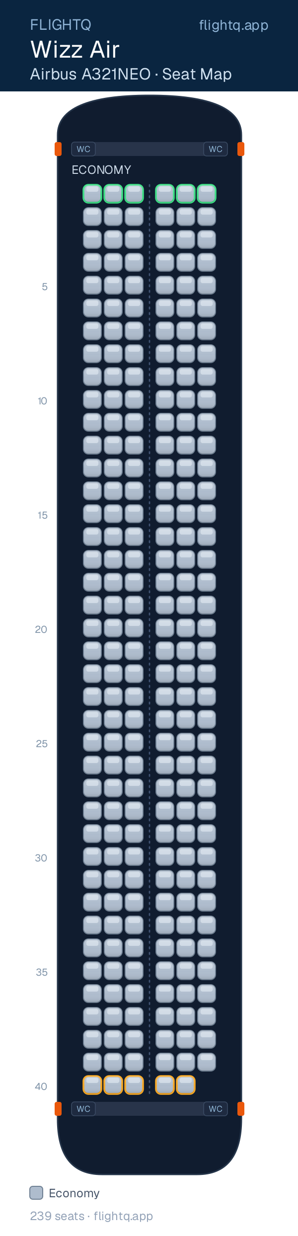 Wizz Air Airbus A321NEO seat map with 239 seats — best seats and rows to avoid