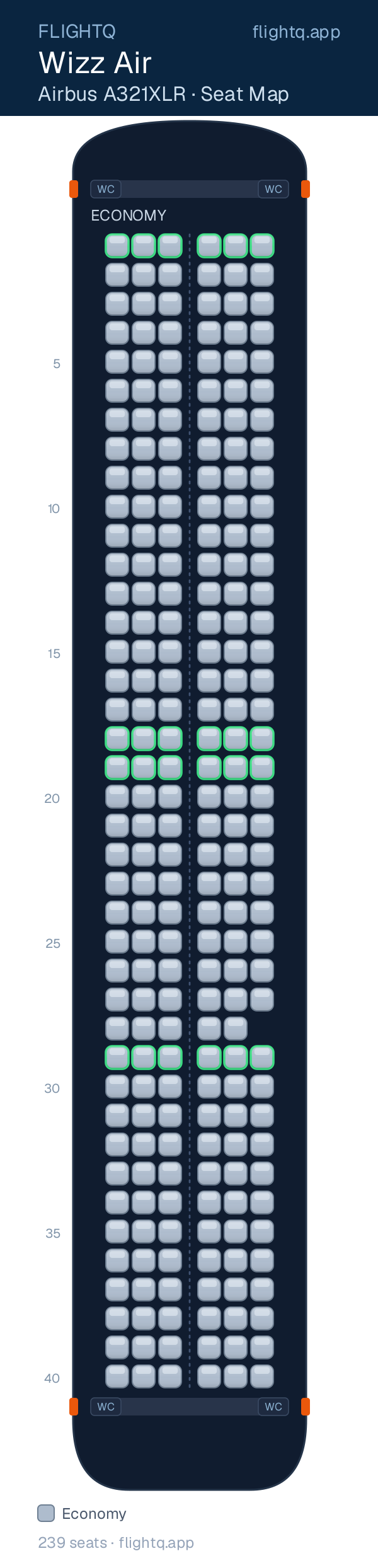 Wizz Air Airbus A321XLR seat map with 239 seats — best-seat rows