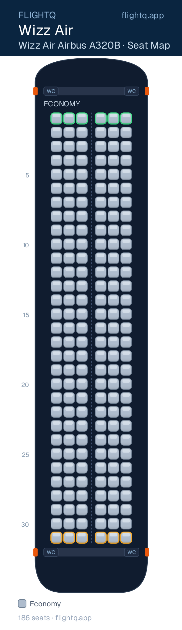 Wizz Air Airbus A320 seat map with 186 seats — best seats and rows to avoid