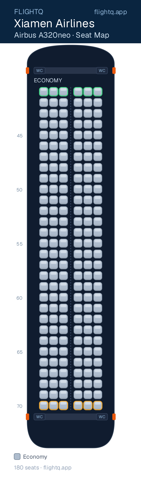 Xiamen Airlines Airbus A320neo seat map with 180 seats — best seats and rows to avoid