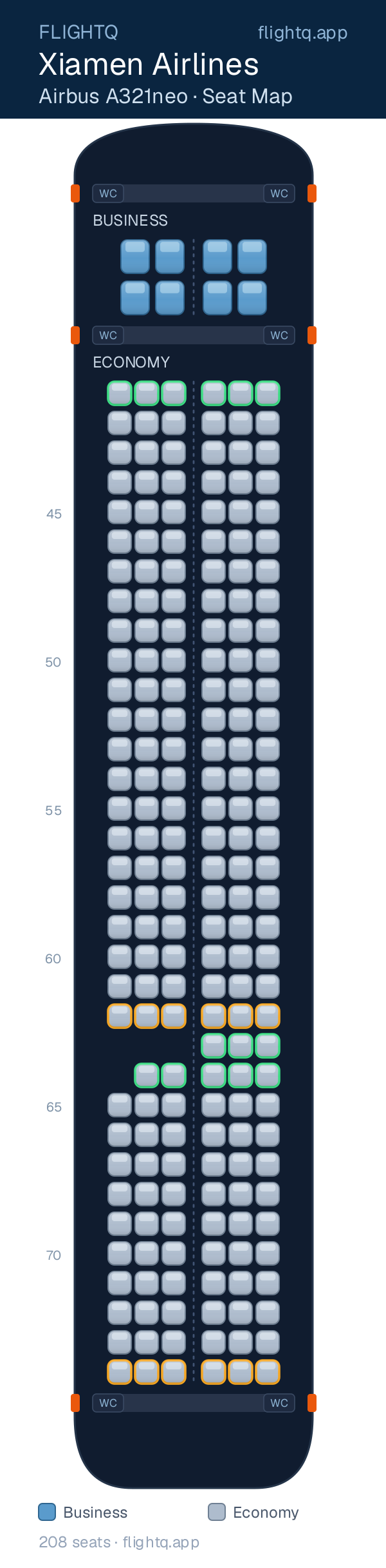Xiamen Airlines Airbus A321neo seat map with 208 seats across 2 cabins — best seats and rows to avoid