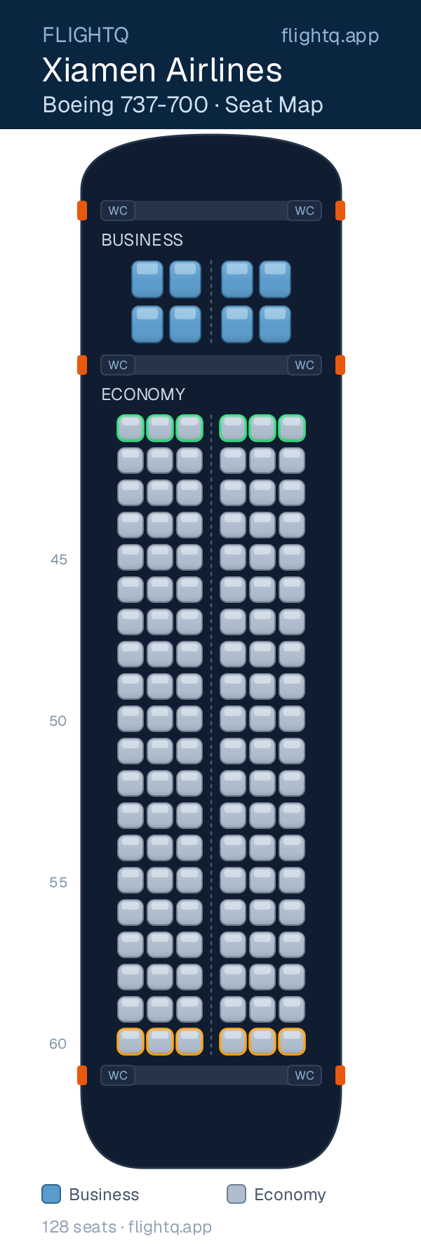 Xiamen Airlines Boeing 737-700 seat map with 128 seats across 2 cabins — best seats and rows to avoid