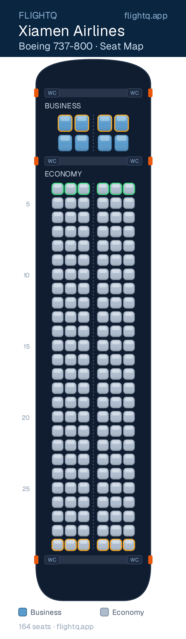 Xiamen Airlines Boeing 737-800 seat map with 164 seats across 2 cabins — best seats and rows to avoid