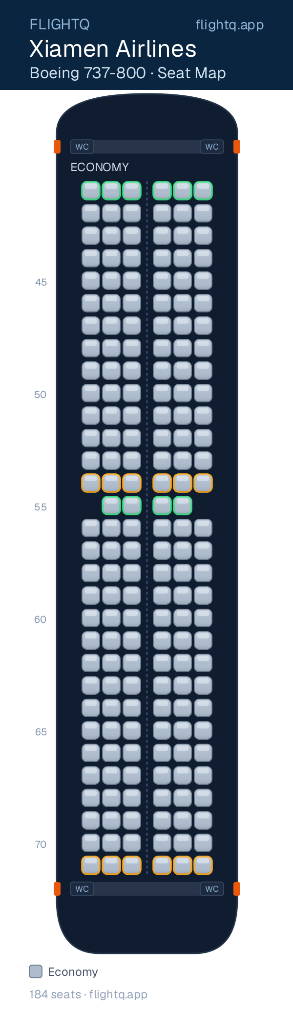 Xiamen Airlines Boeing 737-800 seat map with 184 seats — best seats and rows to avoid