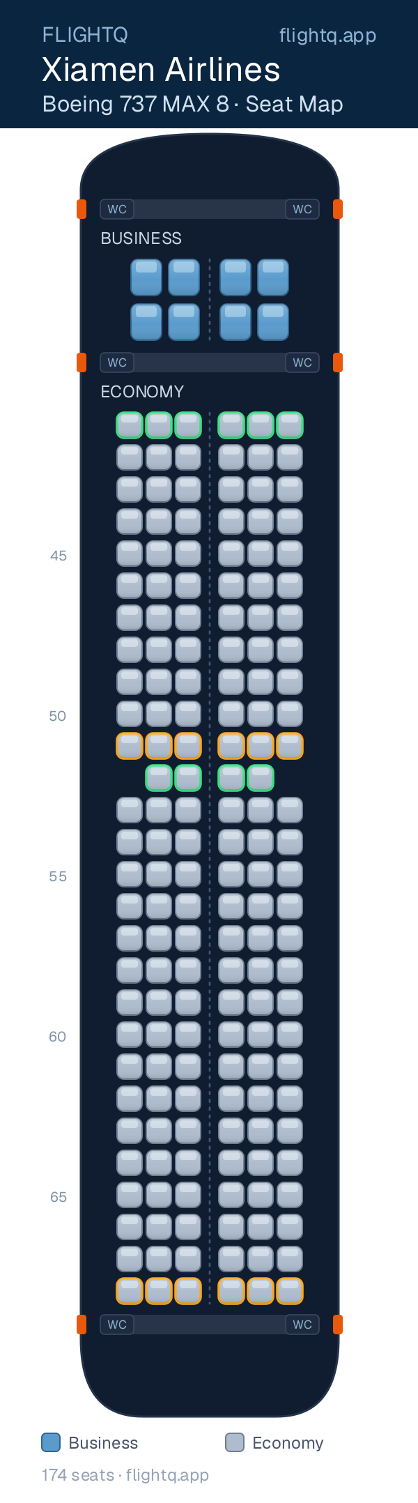 Xiamen Airlines Boeing 737 MAX 8 seat map with 174 seats across 2 cabins — best seats and rows to avoid