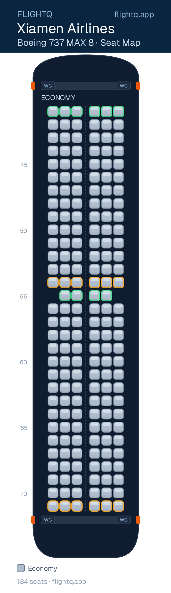 Xiamen Airlines Boeing 737 MAX 8 seat map with 184 seats — best seats and rows to avoid