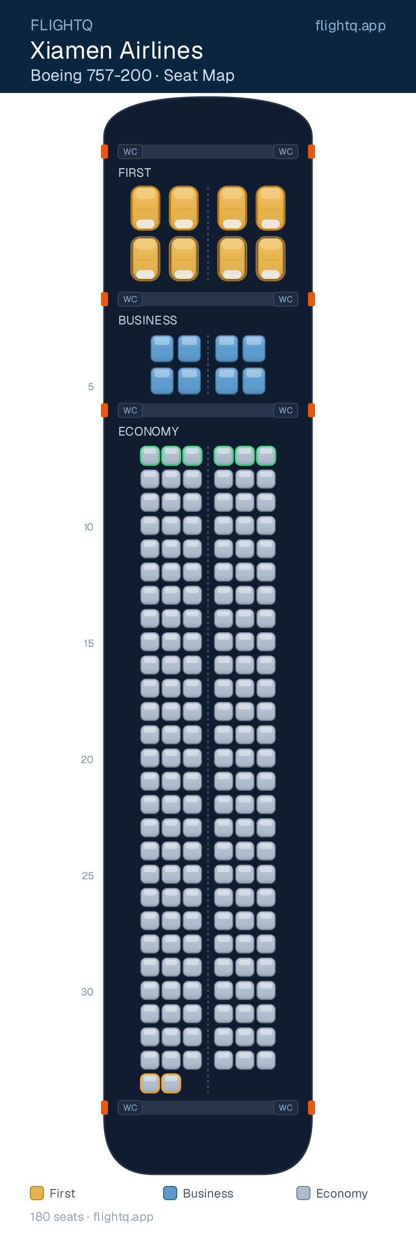 Xiamen Airlines Boeing 757-200 seat map with 180 seats across 3 cabins — best seats and rows to avoid