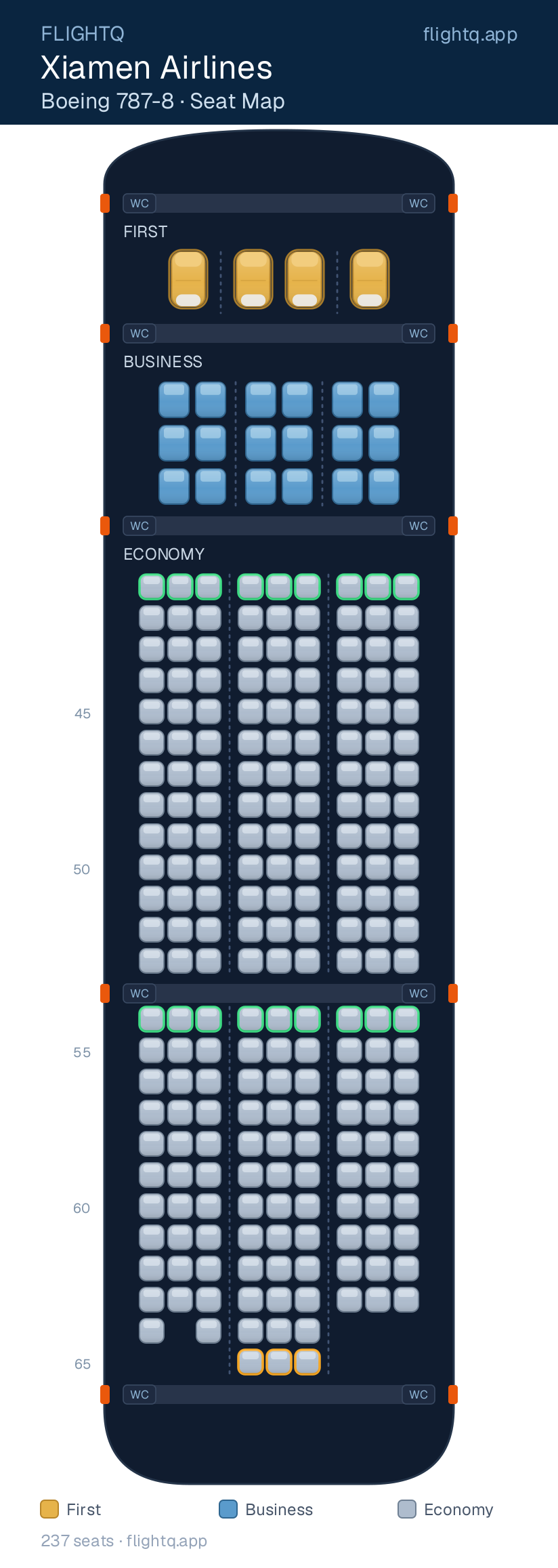 Xiamen Airlines Boeing 787-8 Dreamliner seat map with 237 seats across 3 cabins — best seats and rows to avoid
